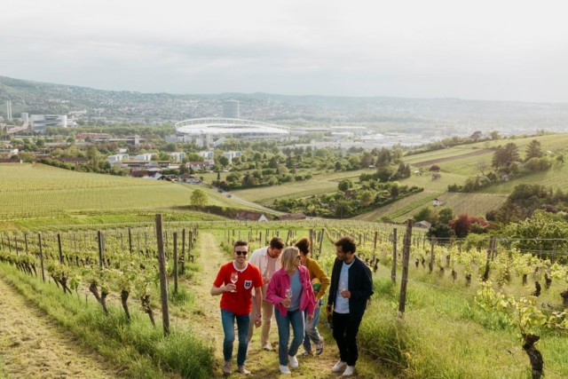 Eine Gruppe Menschen läuft mit Weingläsern in der Hand durch einen Weinberg, im Hintergrund eine Stadt.